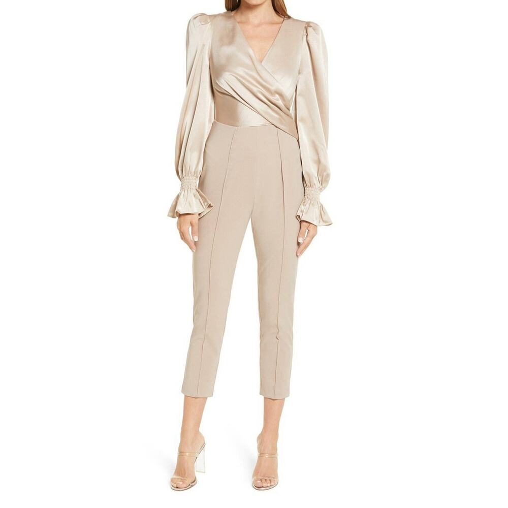 Lavish Alice Size 10 Taupe Silky Long Sleeve Jumpsuit
